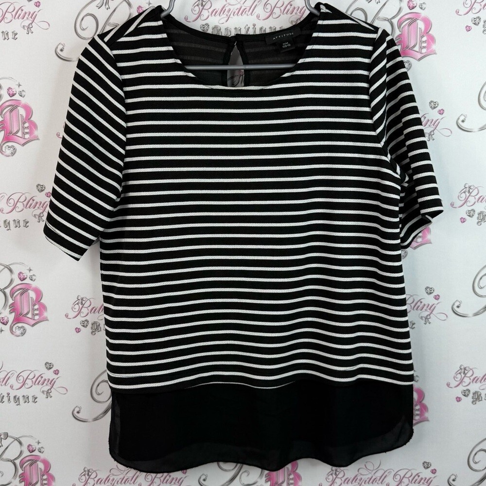 Attitude, T-shirt, stripes, colour block, Black and White Striped Women's Top